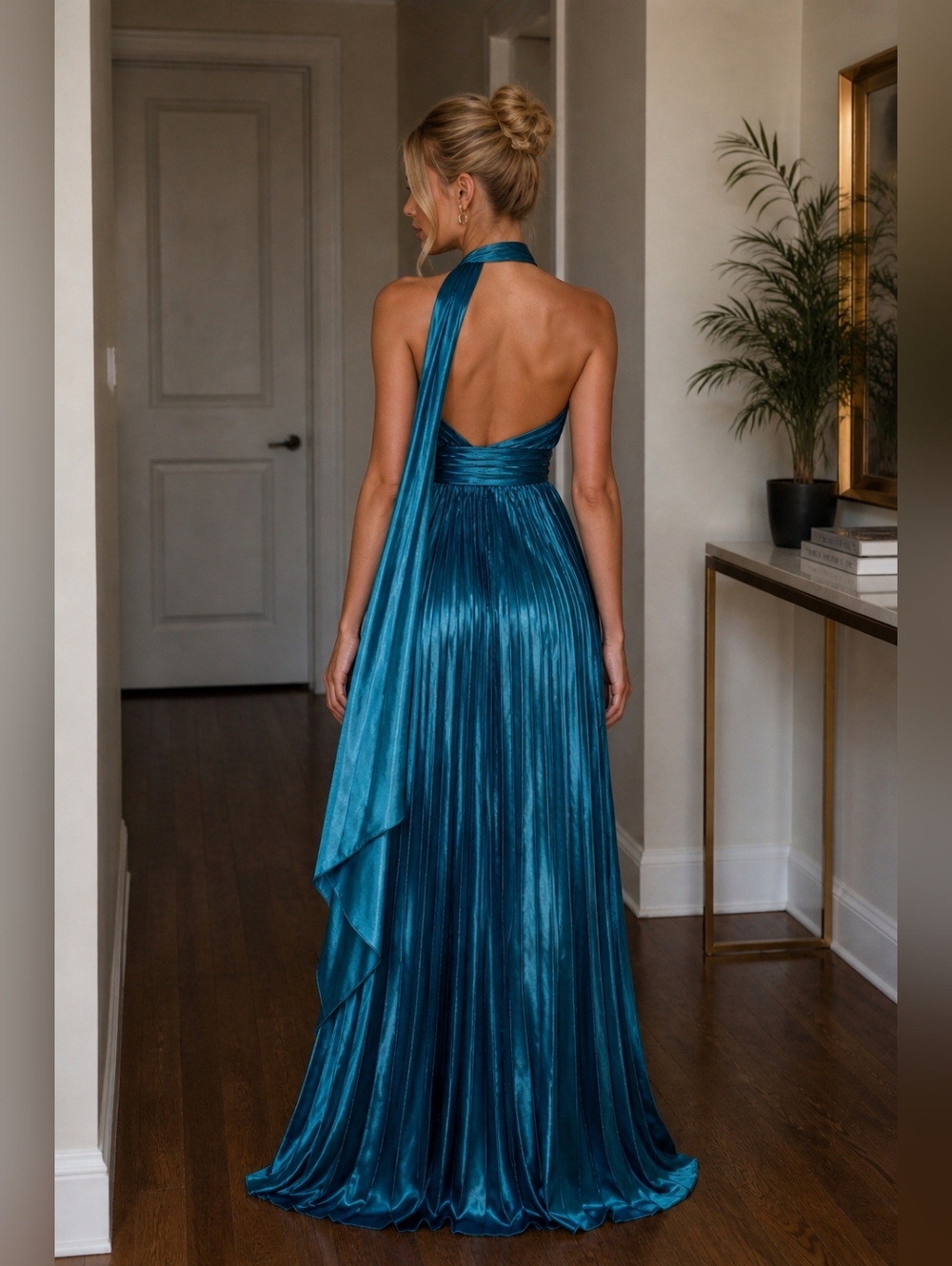 Fashion Nova Teal Satin Pleated Gown NWT Size M Long Formal Dress - Picture 2 of 2